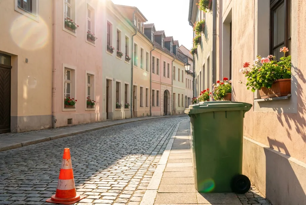 Street photo with a trash bin and traffic cone removed – before
